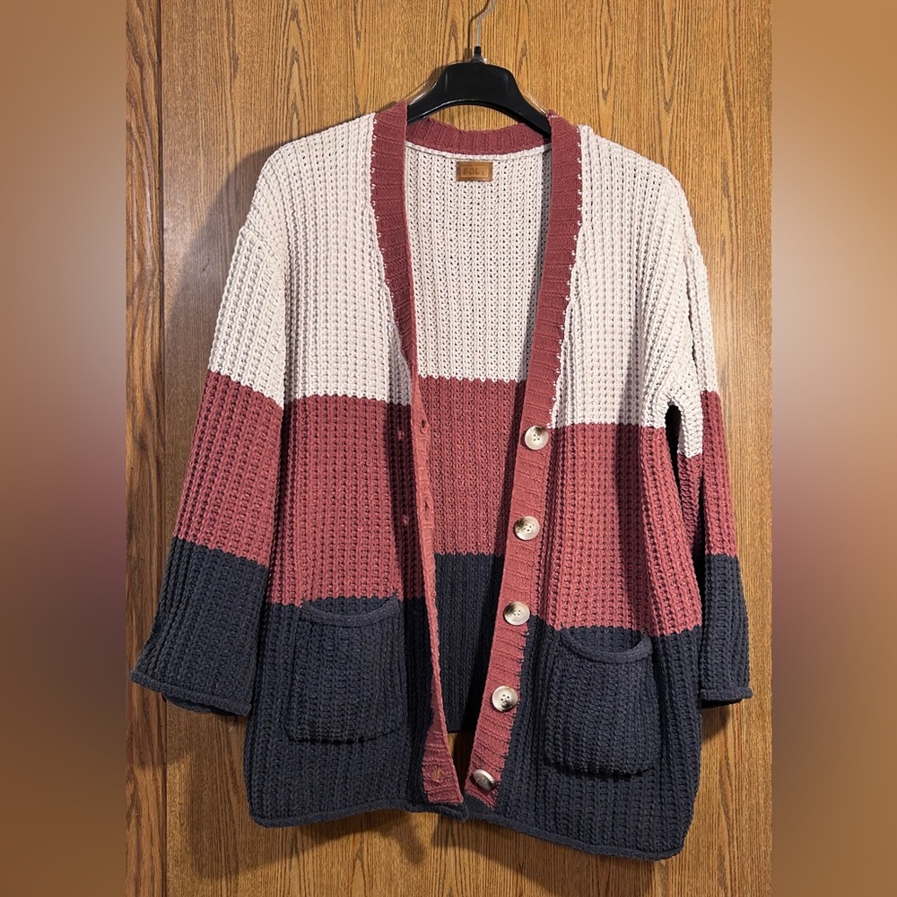 POL Baggy Colorblock Boho Buttoned Waffle Knit Cardigan - Picture 1 of 8